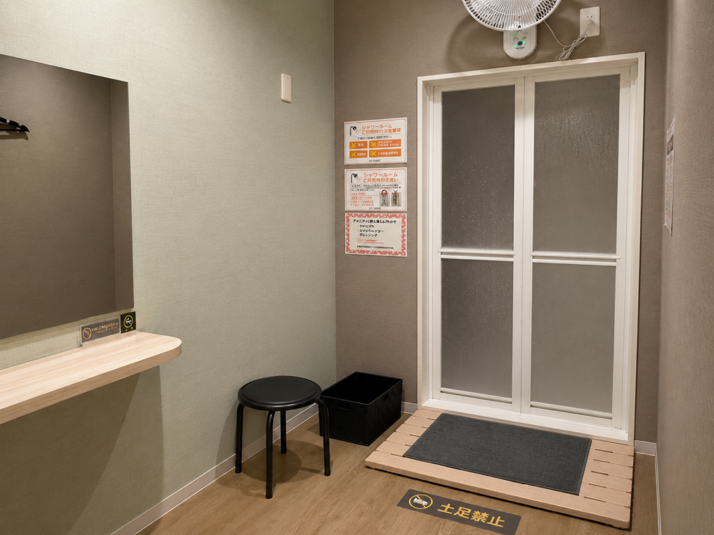 犬山店のシャワールーム入口と広さにゆとりのある脱衣スペース
