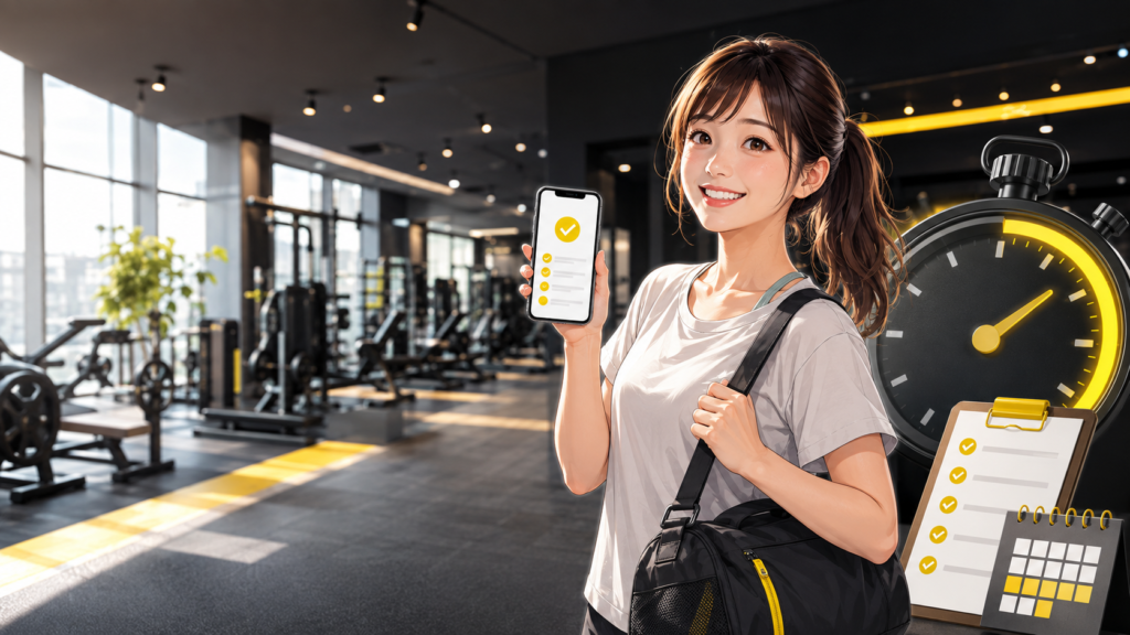 フィットイージーの無料見学・体験をスマホで予約する女性とジムの内観