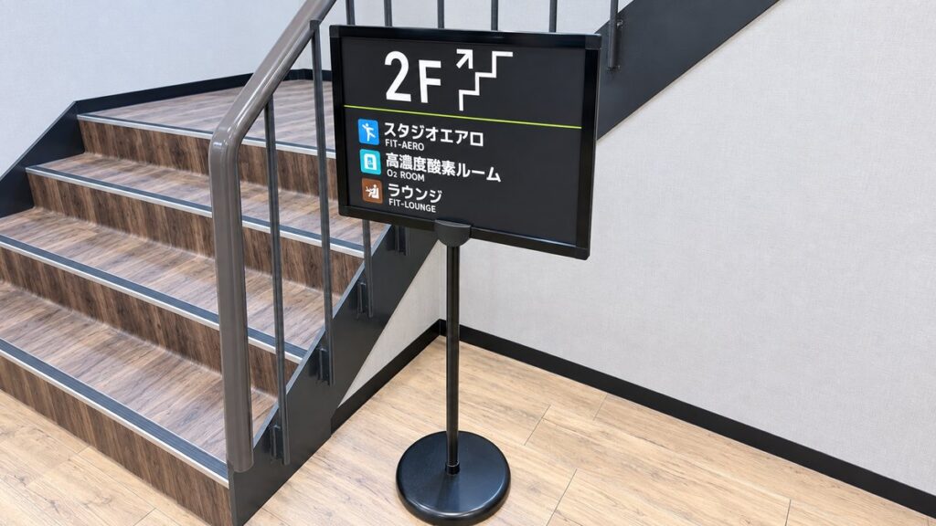 フィットイージー瑞浪店 2階の案内板。スタジオ・高濃度酸素ルーム・ラウンジの表示