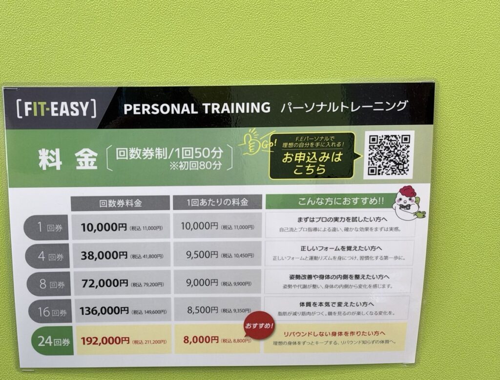 フィットイージーのパーソナルトレーニング公式料金表。回数券ごとの料金と1回あたりの金額