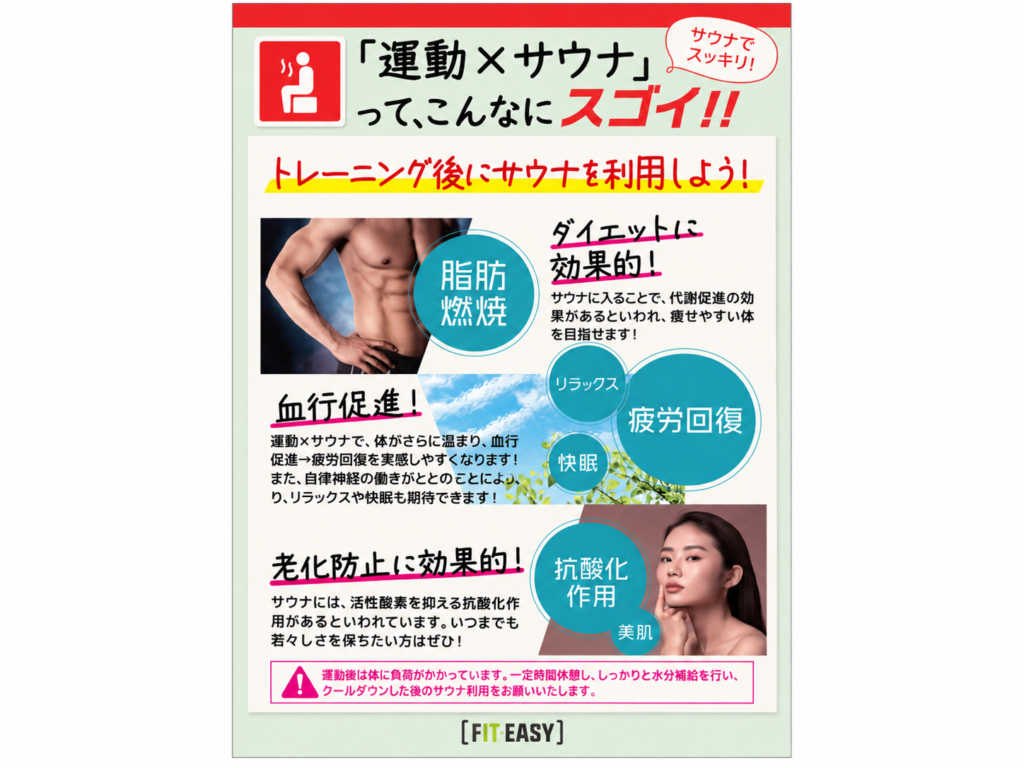 フィットイージー店内の「運動×サウナ」ポスター。トレーニング後のサウナ利用をすすめ、運動後は休憩と水分補給をしてから入るよう注意している