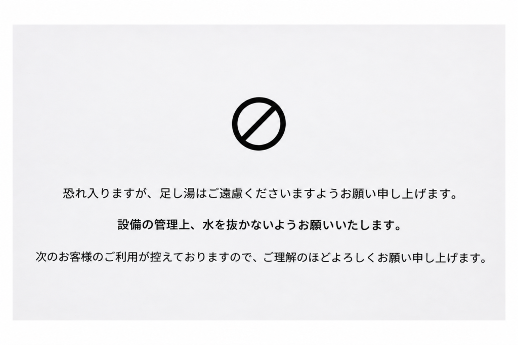 水風呂のドアの横にある掲示。足し湯は遠慮してほしい、設備の管理上水を抜かないでほしいと書かれている