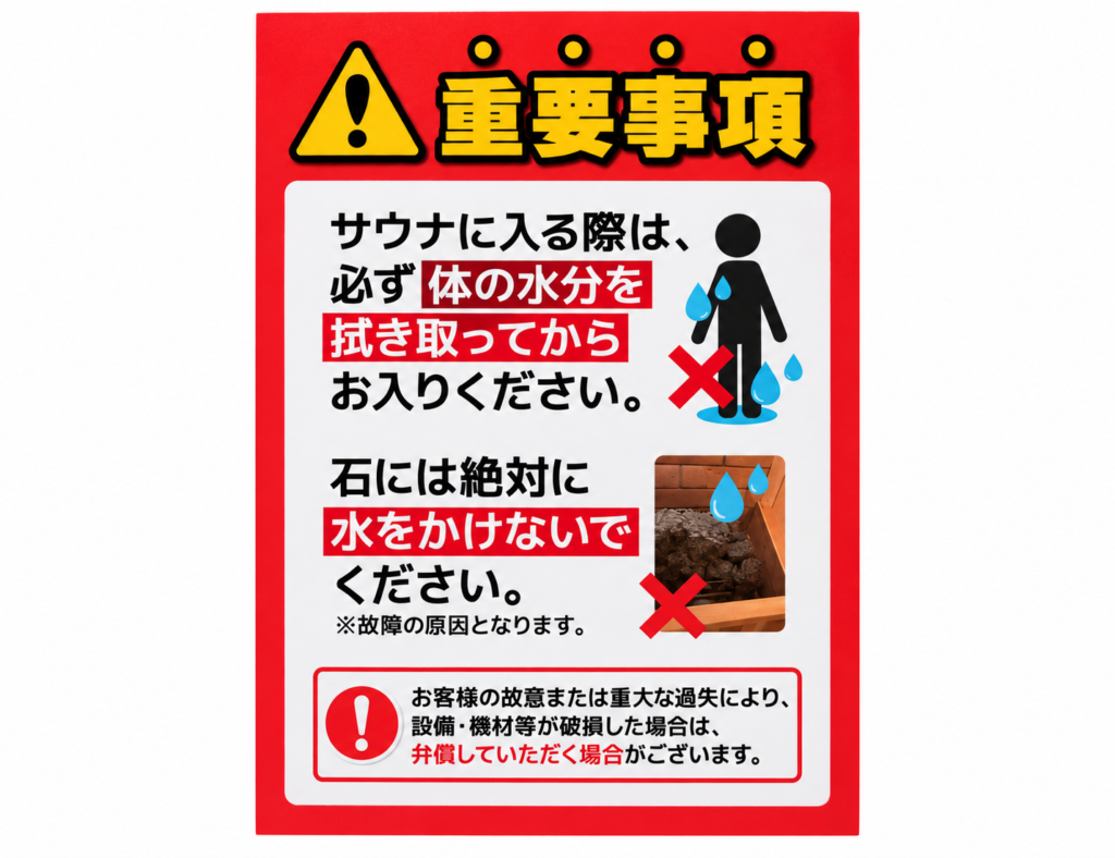 FIT-SAUNAの重要事項の掲示。体の水分を拭き取ってから入る、石には絶対に水をかけない、破損時は弁償の場合あり
